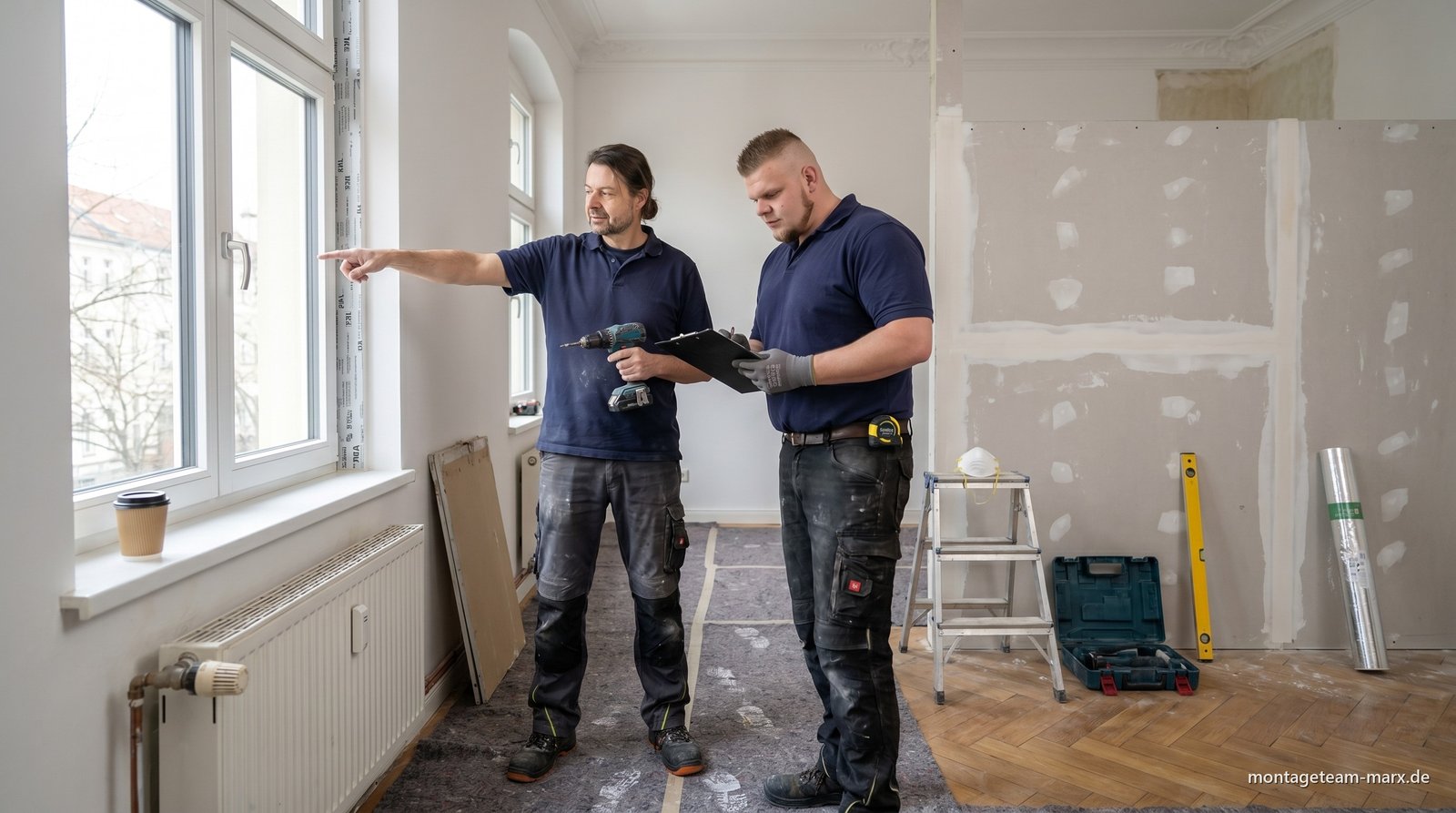 Zwei Monteure in einer halb sanierten Berliner Altbau-Wohnung in Lichtenberg — neue 3-fach-Fenster, frische Trockenbau-Wand