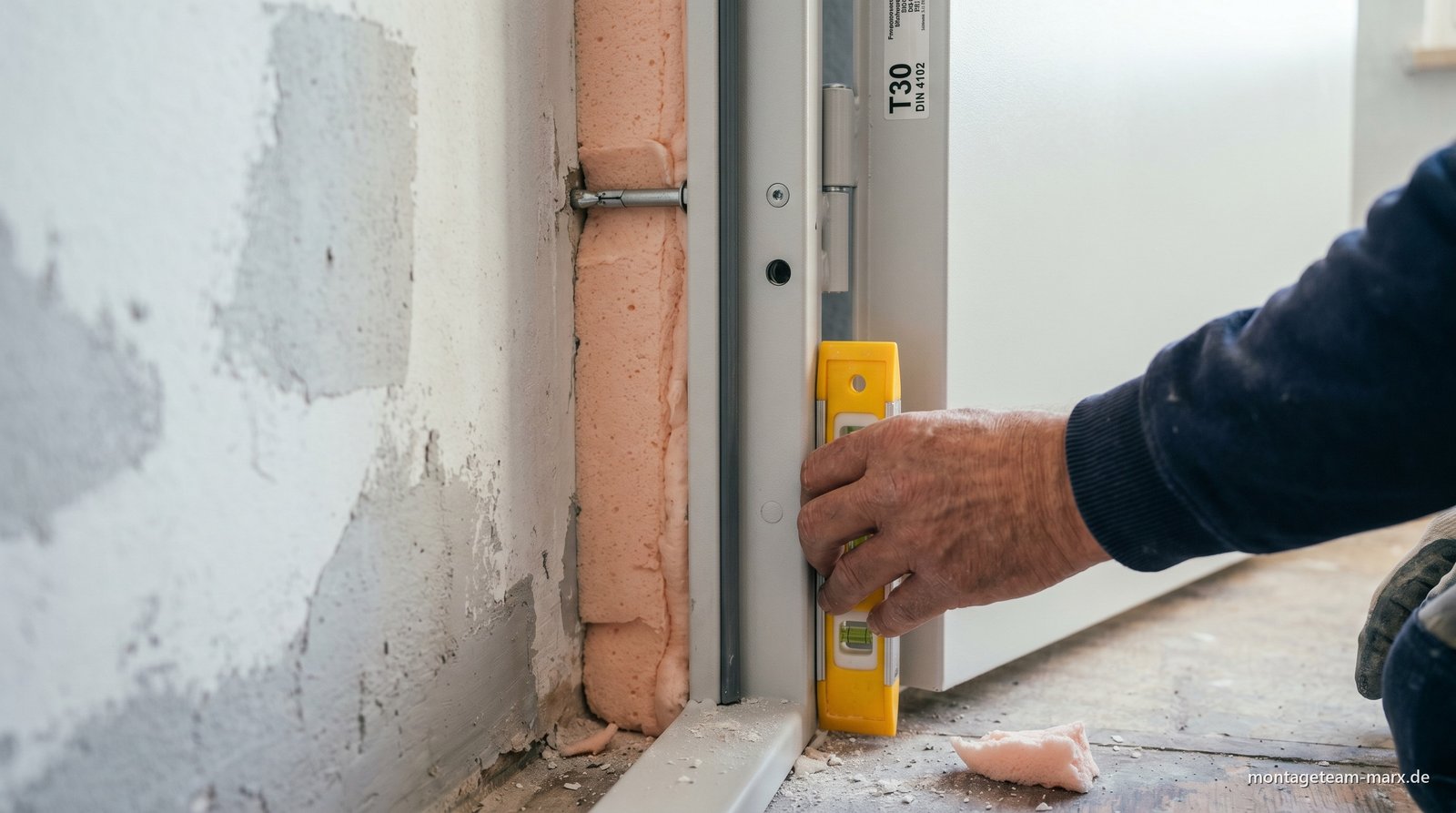 T30-Brandschutz-Zarge mit Quellband-Dichtung und korrekt aufgetragenem Brandschutz-PUR-Schaum im Anschluss zur Wand
